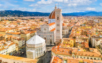 Florence Cathedral and Baptistery aerial view, showcasing iconic architecture in Florence, Italy.