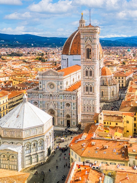 Florence Cathedral and Baptistery aerial view, showcasing iconic architecture in Florence, Italy.