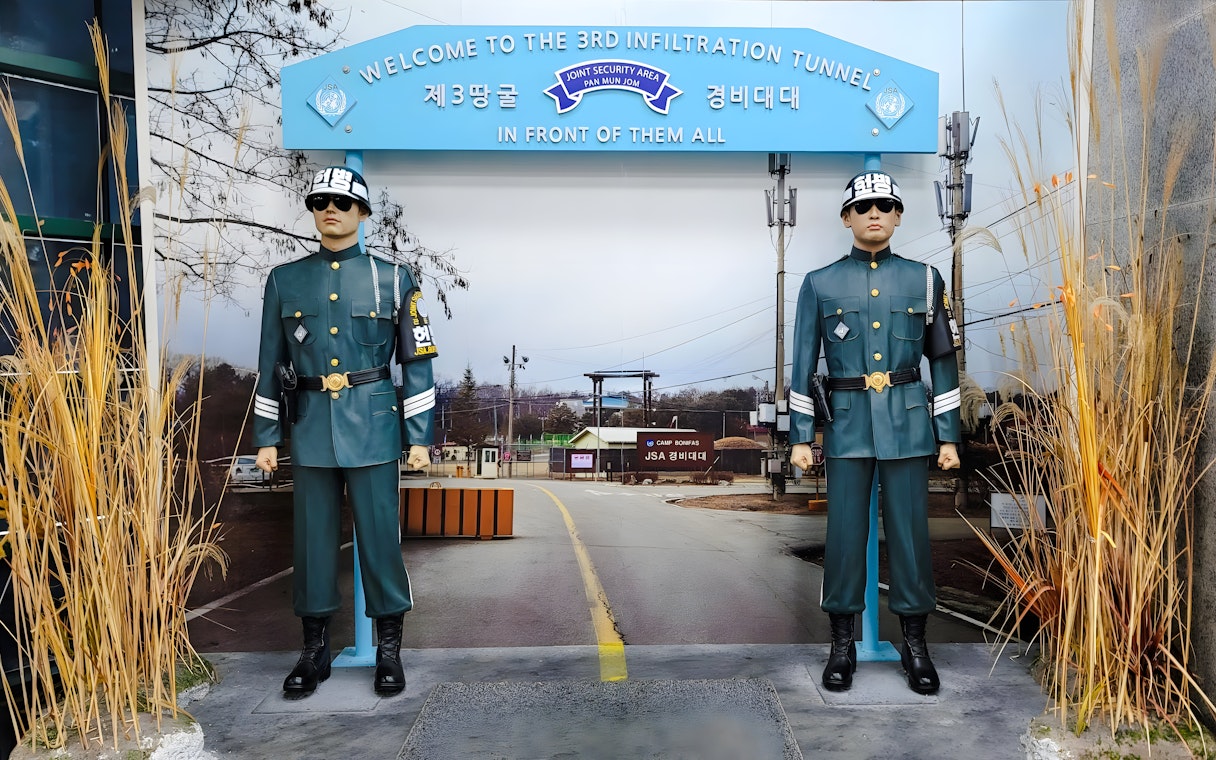 DMZ Tour entrance with soldier mannequins at the 3rd Infiltration Tunnel, Korea.