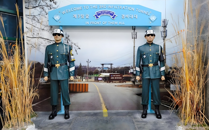 DMZ Tour entrance with soldier mannequins at the 3rd Infiltration Tunnel, Korea.
