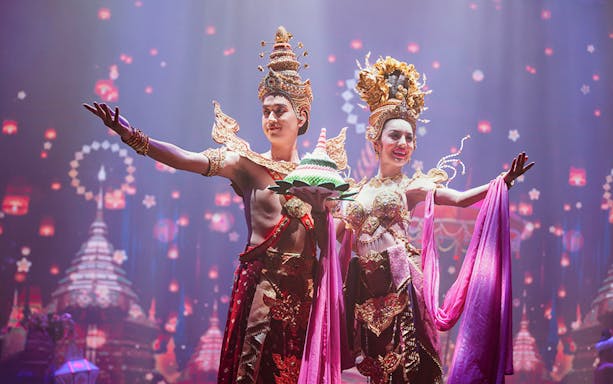 Performers in traditional Thai costumes at Siam Fantasy Rattanakosin celebration.