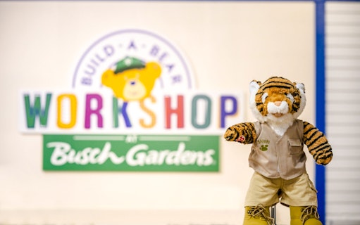 Stuffed tiger toy in safari outfit at Build-A-Bear Workshop, Busch Gardens, Tampa Bay.