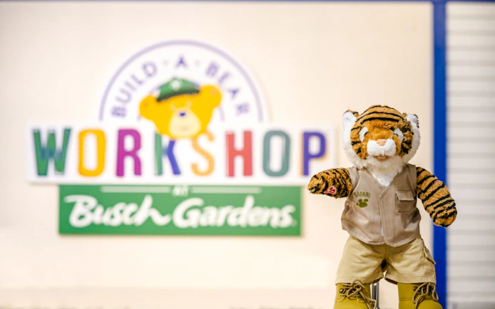 Stuffed tiger toy in safari outfit at Build-A-Bear Workshop, Busch Gardens, Tampa Bay.