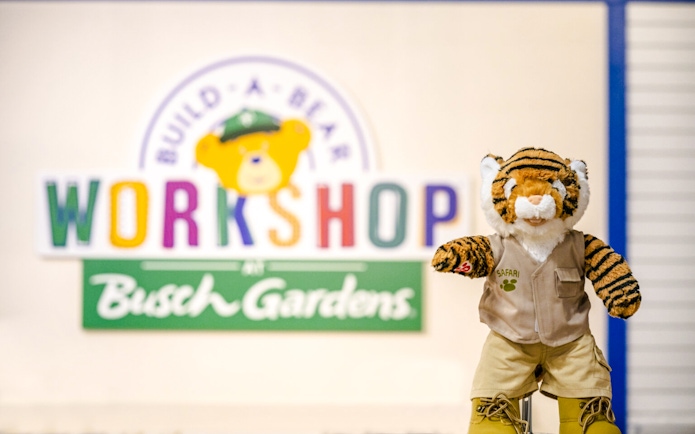 Stuffed tiger toy in safari outfit at Build-A-Bear Workshop, Busch Gardens, Tampa Bay.