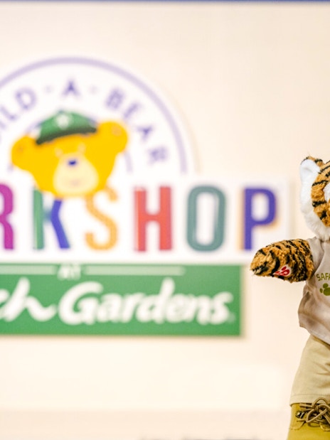 Stuffed tiger toy in safari outfit at Build-A-Bear Workshop, Busch Gardens, Tampa Bay.