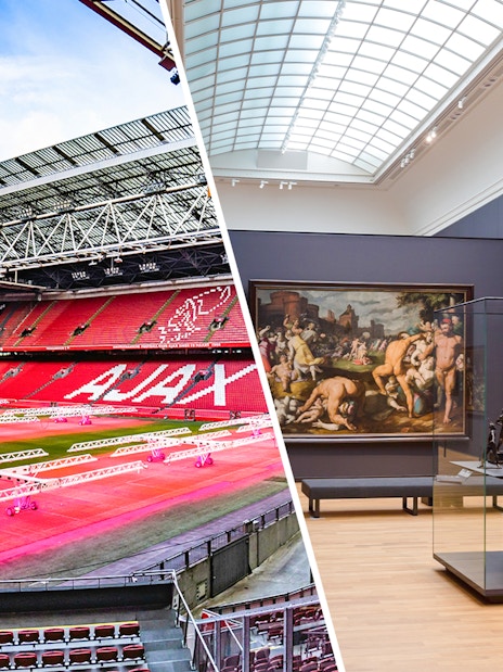 Johan Cruijff ArenA stadium interior and Rijksmuseum art gallery in Amsterdam.