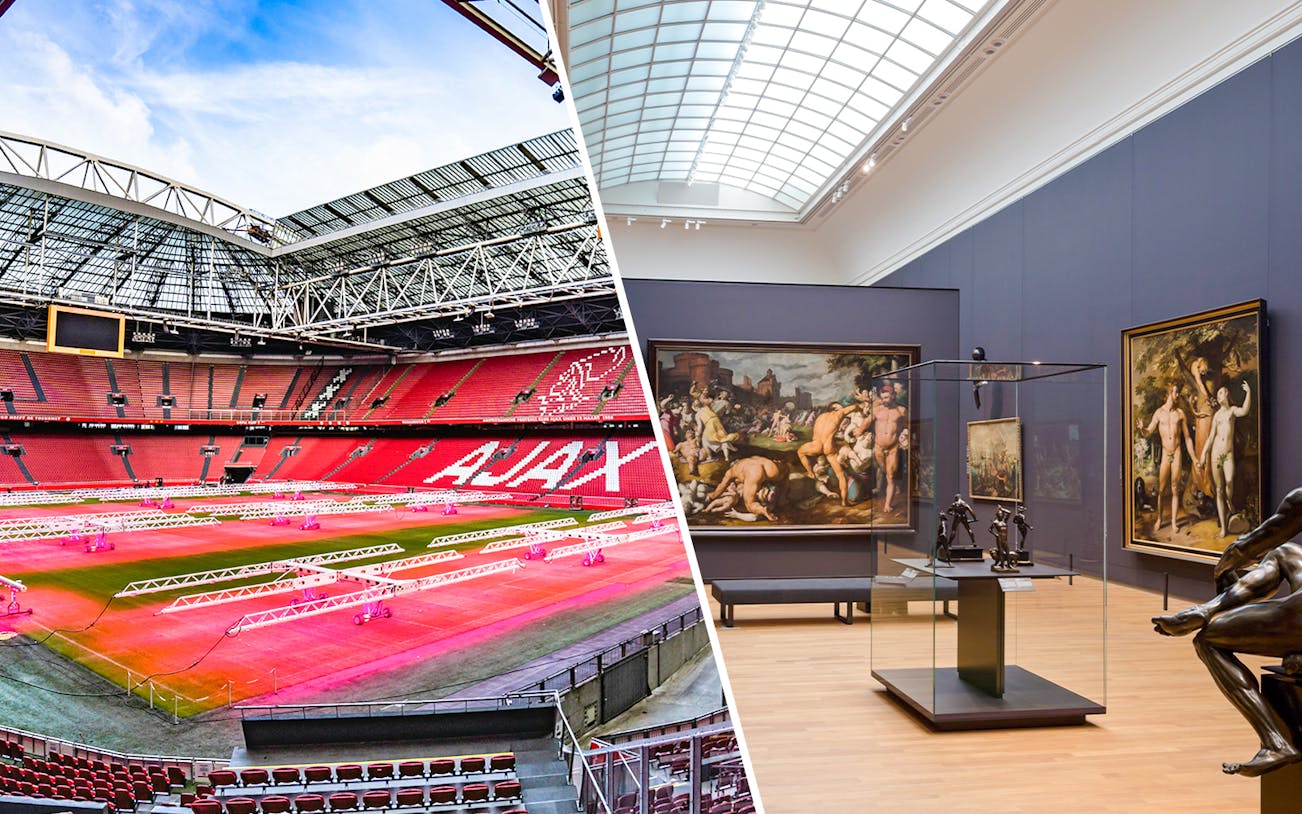 Johan Cruijff ArenA stadium interior and Rijksmuseum art gallery in Amsterdam.