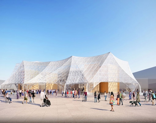 Crowd outside the Osaka Healthcare Pavilion, "Nest for Reborn," at Expo 2025 Osaka, Kansai, Japan.