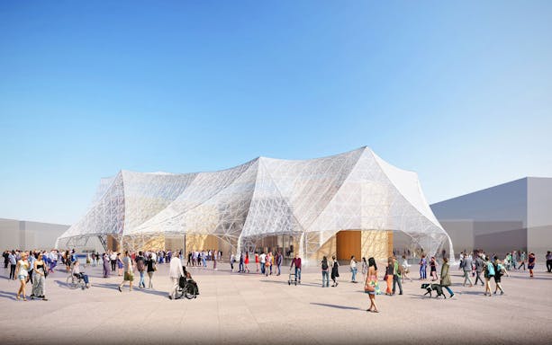 Crowd outside the Osaka Healthcare Pavilion, "Nest for Reborn," at Expo 2025 Osaka, Kansai, Japan.