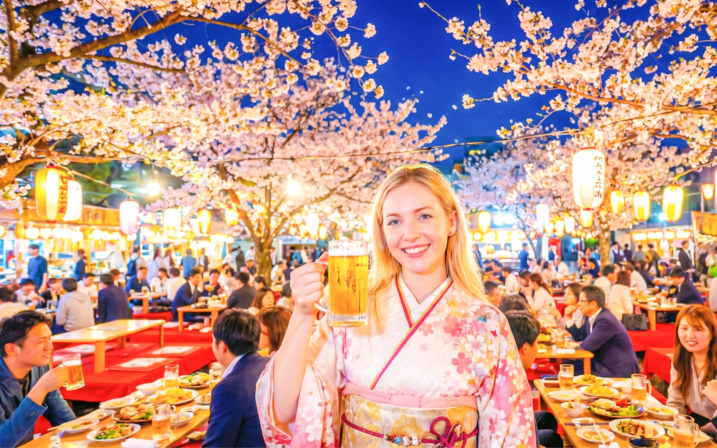 Person in kimono enjoying hanami under cherry blossoms at Maruyama Park, Kyoto.