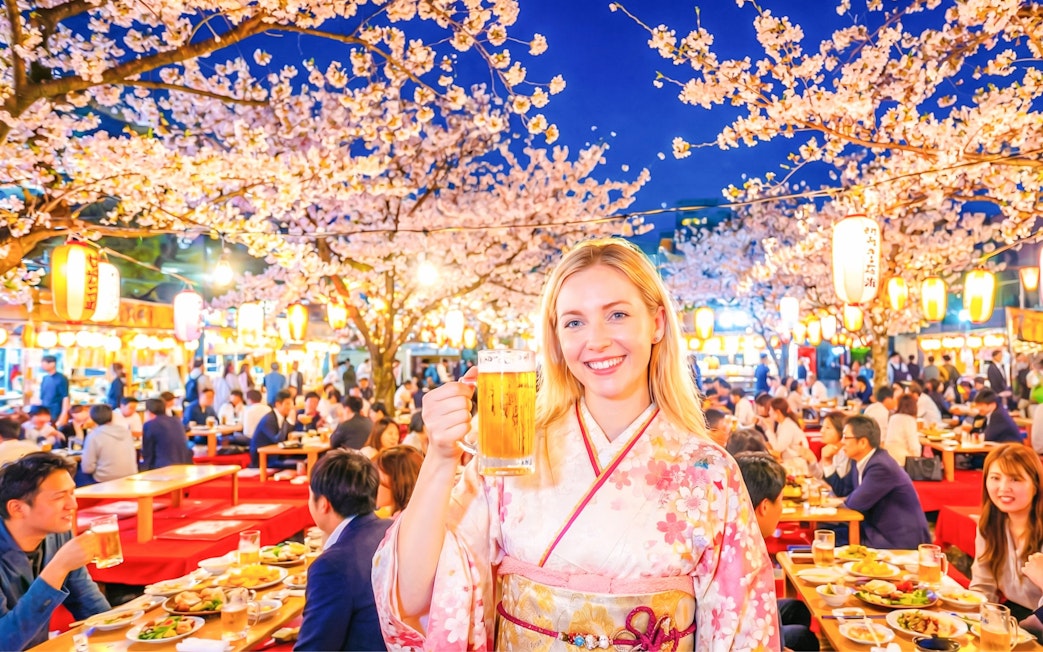 Person in kimono enjoying hanami under cherry blossoms at Maruyama Park, Kyoto.
