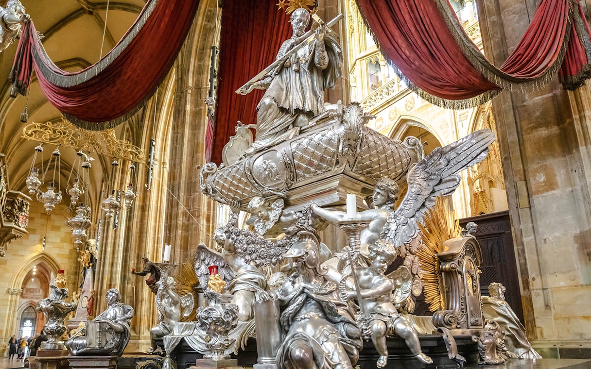 Silver tomb of Saint John of Nepomuk in Saint Vitus Cathedral, Prague.