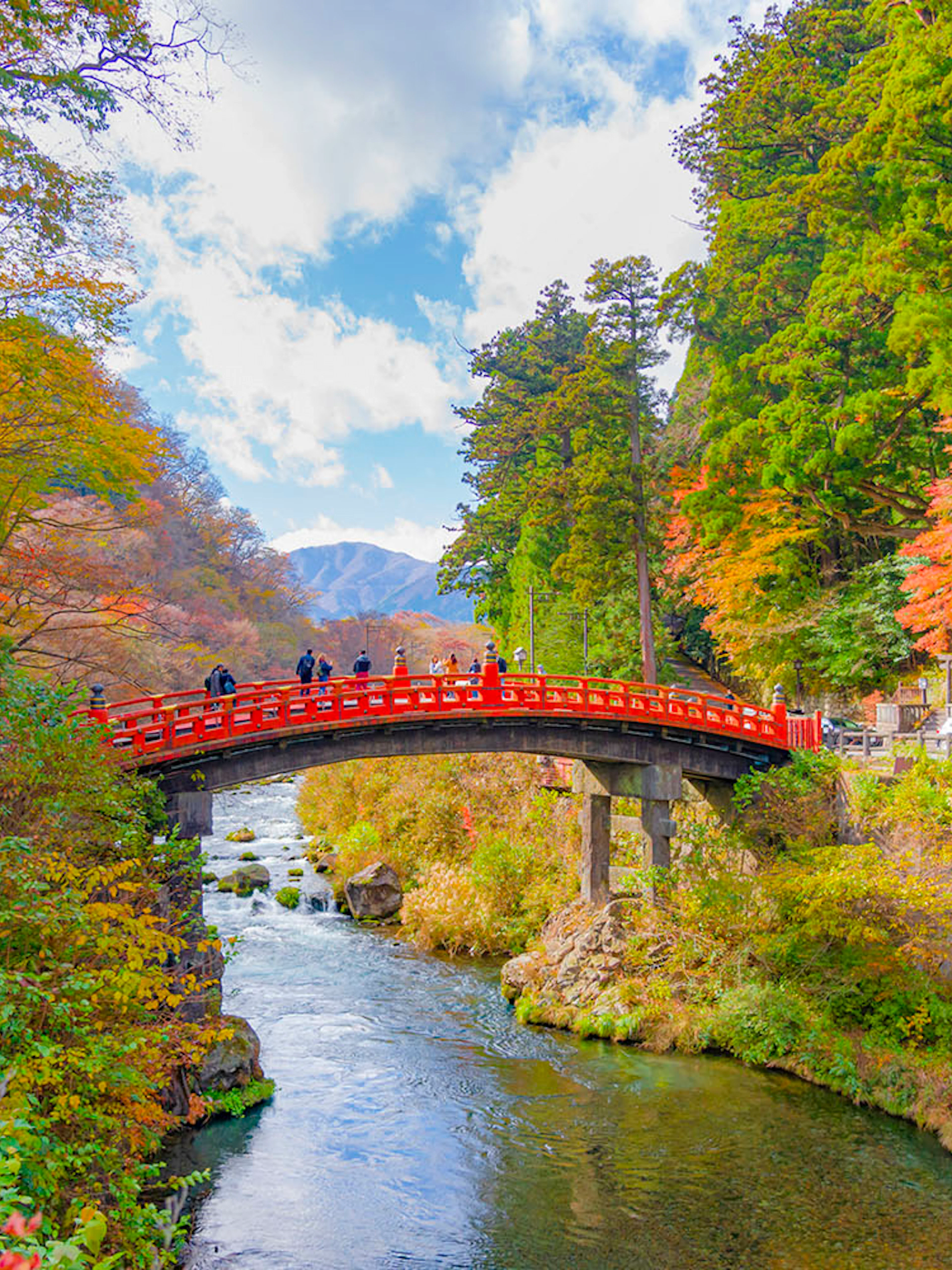 Shinkyo Bridge over a river surrounded by autumn foliage in Nikko, Japan.