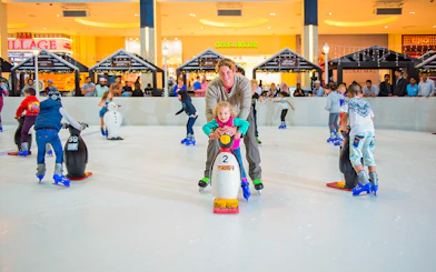Children and adults ice skating with penguin aids at Dubai Ice Rink.