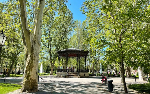 Zagreb park gazebo surrounded by trees on walking tour with funicular ride.