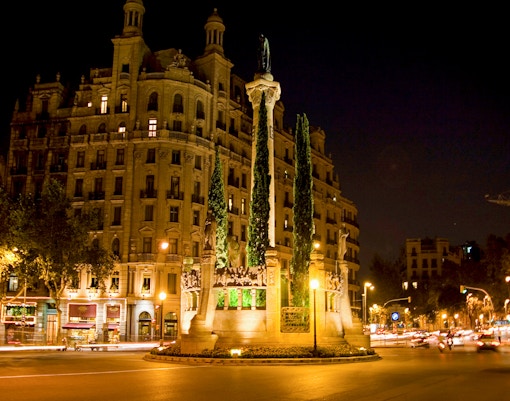 Barcelona cityscape at night with Plaça de Catalunya, a prominent square in Barcelona