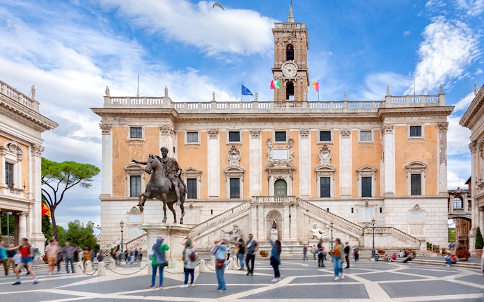 Capitoline Museum exterior with equestrian statue in Rome, Italy.
