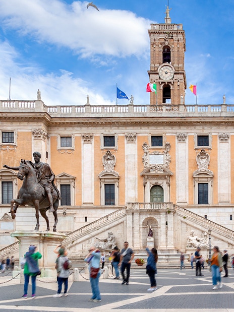 Capitoline Museum exterior with equestrian statue in Rome, Italy.
