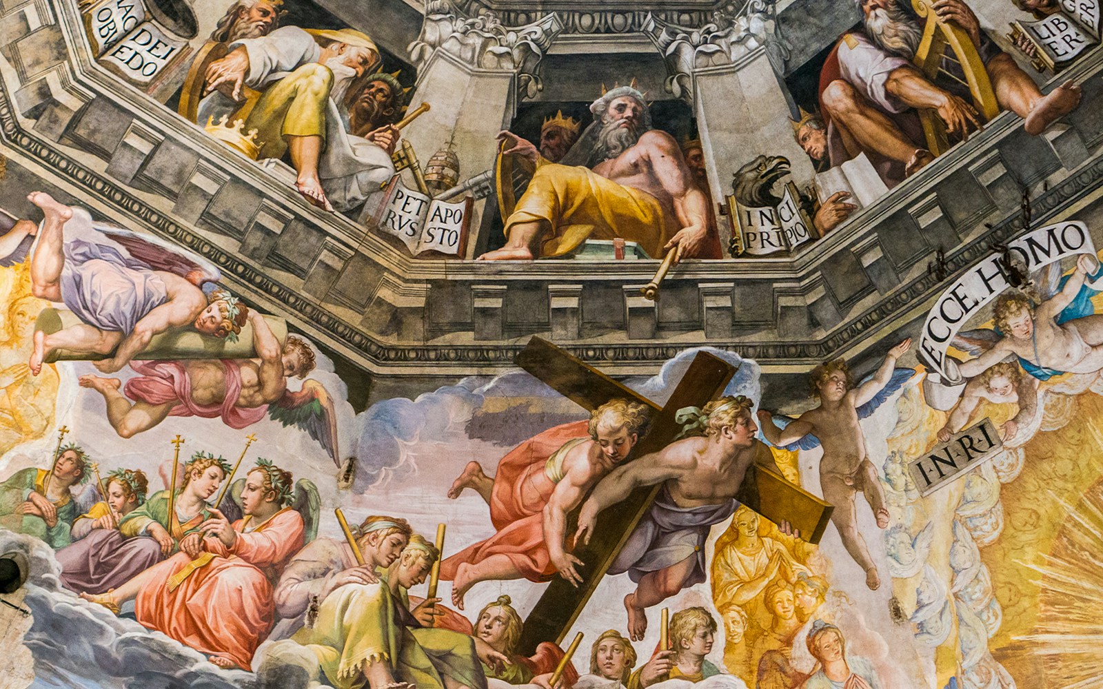 Fresco of The Last Judgement by Giorgio Vasari, depicting angels and biblical figures in Florence, Italy.