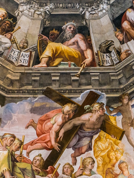 Fresco of The Last Judgement by Giorgio Vasari, depicting angels and biblical figures in Florence, Italy.
