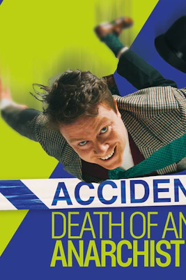 Man in mid-air with police hat, text "Accidental Death of an Anarchist" in bold letters.