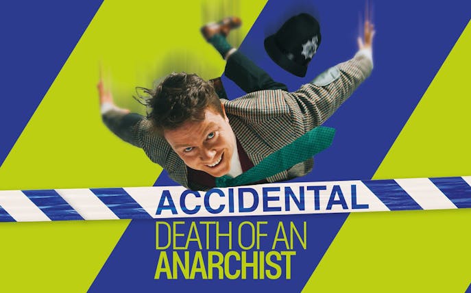 Man in mid-air with police hat, text "Accidental Death of an Anarchist" in bold letters.
