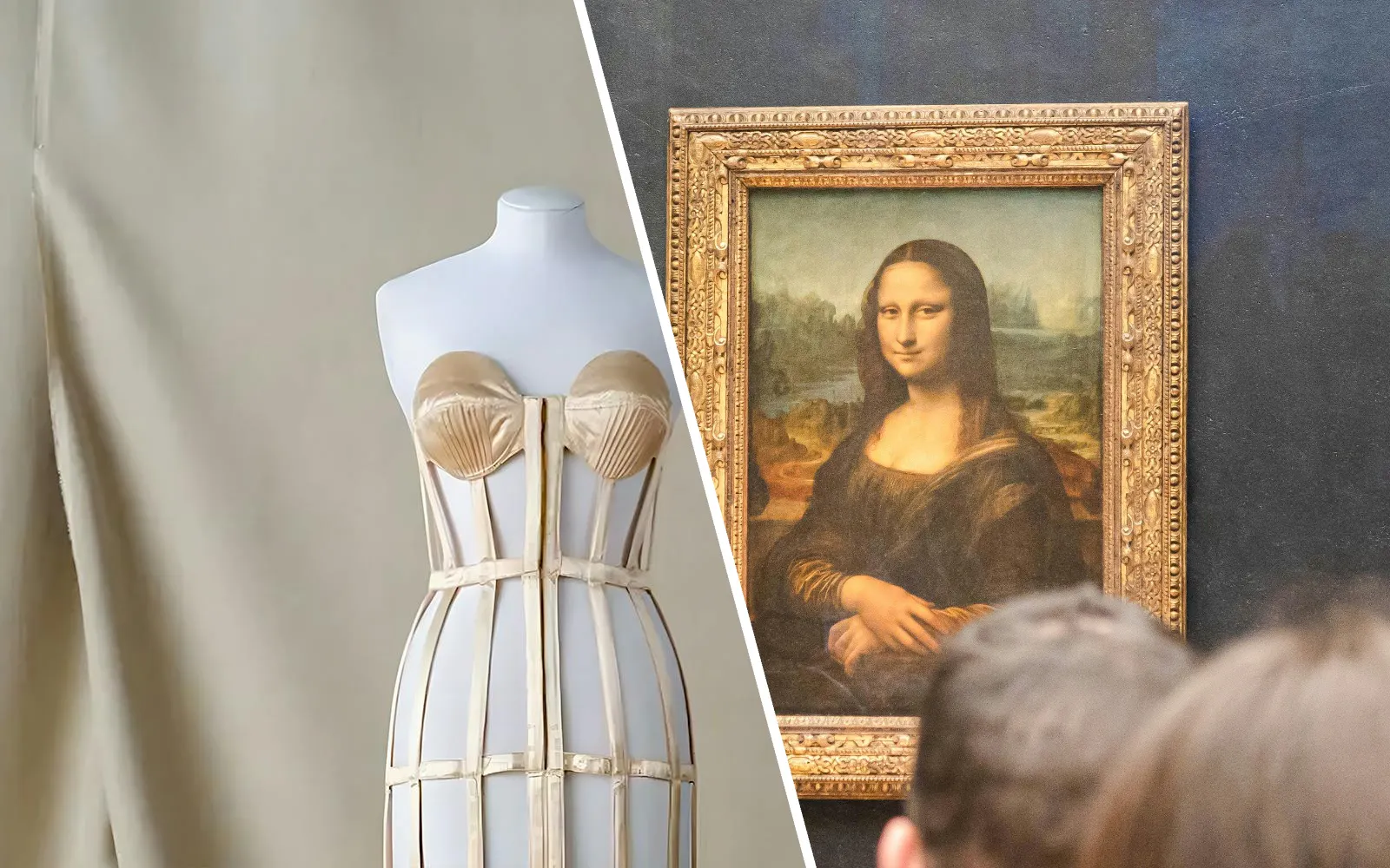 Mannequin with corset and Mona Lisa painting at Palais Galliera Exhibit.