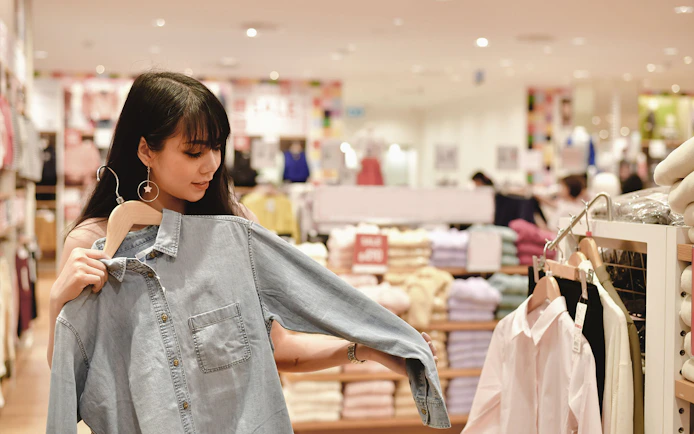 Shopping in Okinawa store, woman holding denim shirt.