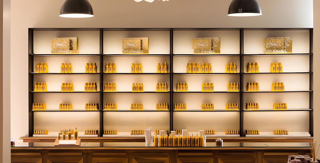 Fragonard Perfumer display with perfume bottles and floral arrangements in Grasse, France.