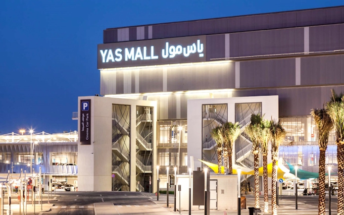 Yas Mall exterior in Abu Dhabi, part of guided tour with mosque and museum visit.