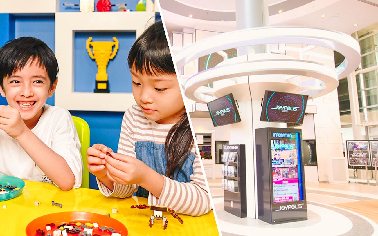 Children building with LEGO at LEGOLAND Discovery Center Tokyo and entrance of Tokyo JOYPOLIS.