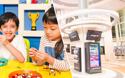 Children building with LEGO at LEGOLAND Discovery Center Tokyo and entrance of Tokyo JOYPOLIS.