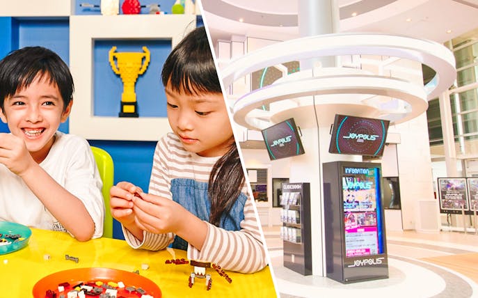 Children building with LEGO at LEGOLAND Discovery Center Tokyo and entrance of Tokyo JOYPOLIS.