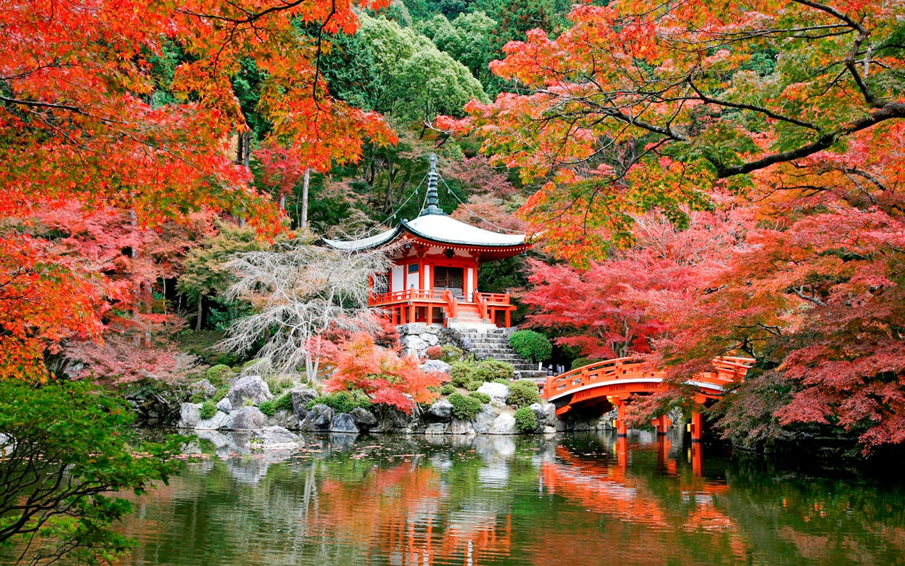 Kyoto Daigoji Temple with red bridge and autumn foliage reflecting in pond.