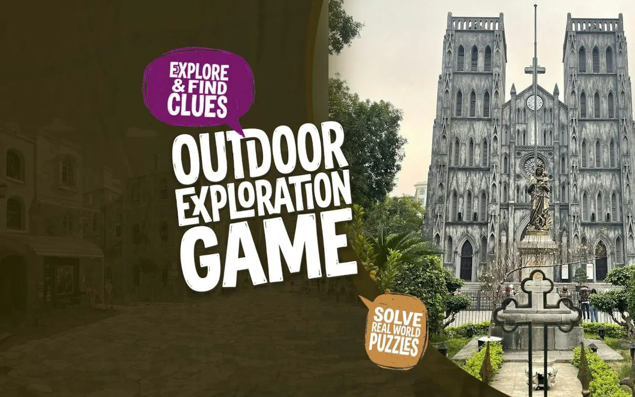 Outdoor exploration game poster with St. Joseph's Cathedral, Hanoi, in the background.
