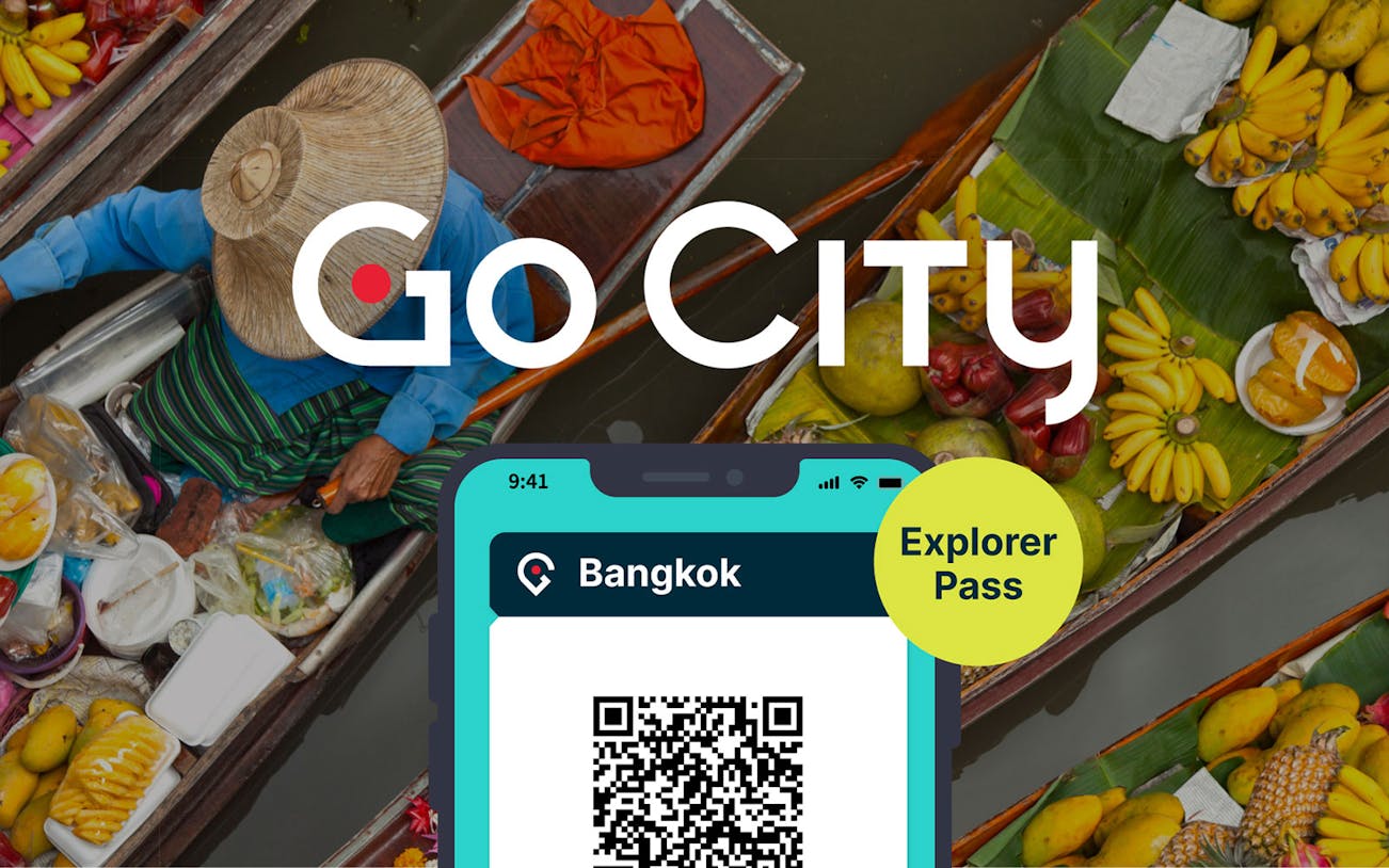 Floating market vendor in Bangkok with Go City Explorer Pass QR code.
