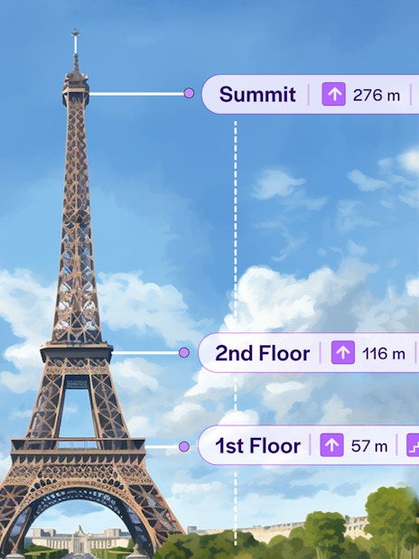 Eiffel Tower climb by stairs showing floors and step count in Paris.