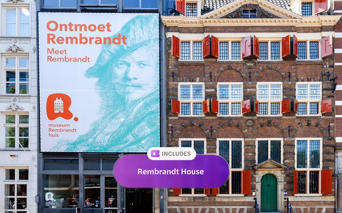 Rembrandt House Museum exterior with red shutters and promotional banner in Amsterdam.