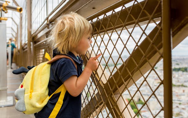 Child viewing Paris from Eiffel Tower Summit.