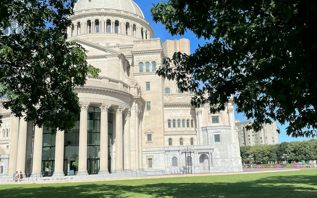 Christian Science Plaza in Boston, part of the self-guided city exploration game.