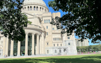 Christian Science Plaza in Boston, part of the self-guided city exploration game.