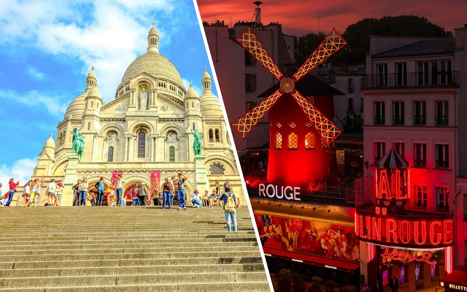 Montmartre's Sacré-Cœur Basilica and Moulin Rouge in Paris at sunset.