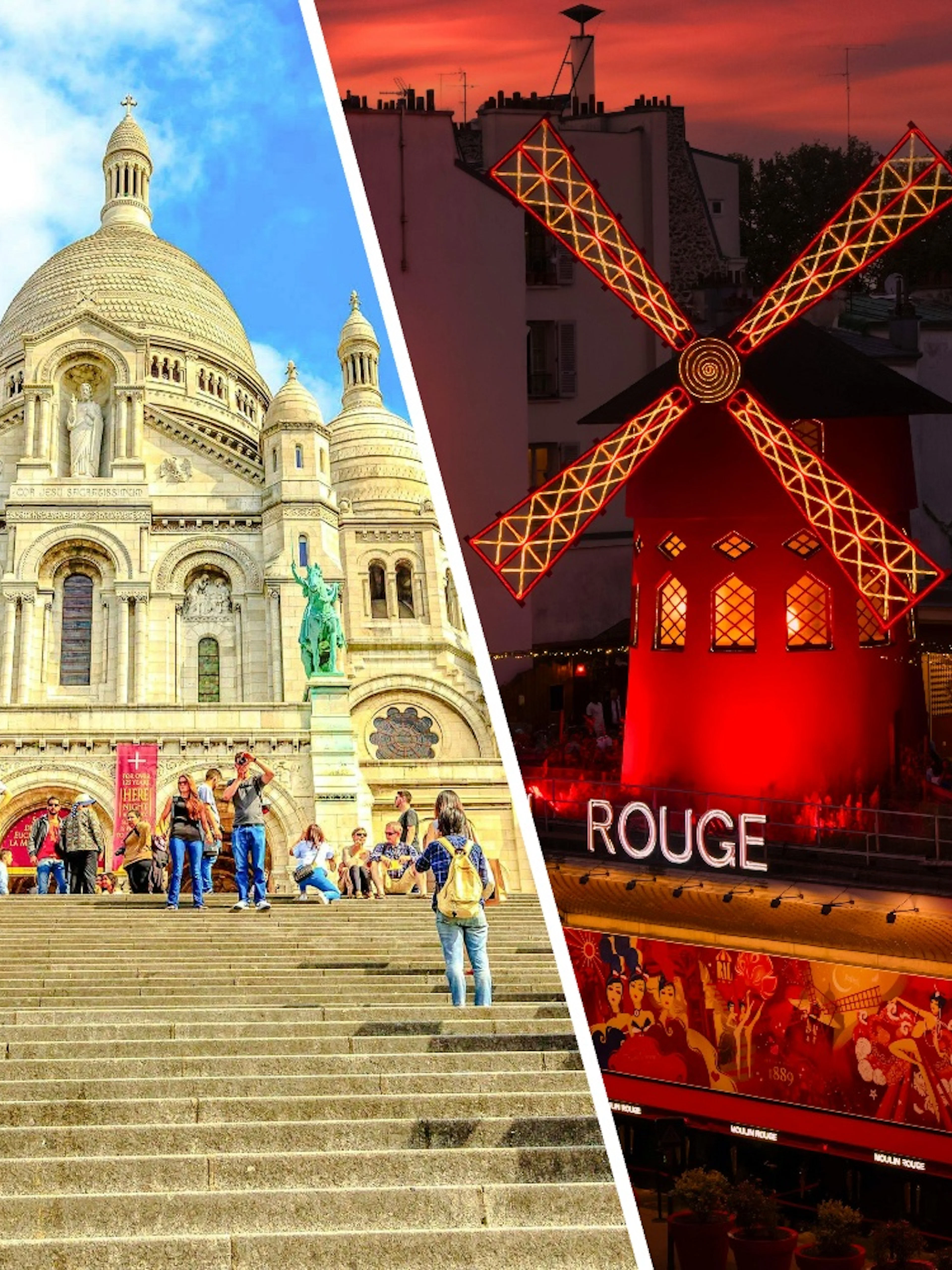 Montmartre's Sacré-Cœur Basilica and Moulin Rouge in Paris at sunset.