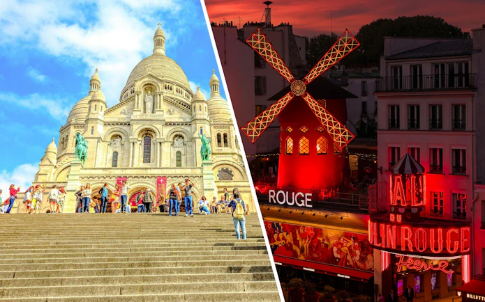 Montmartre's Sacré-Cœur Basilica and Moulin Rouge in Paris at sunset.