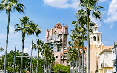Hollywood Tower at Disney's Hollywood Studios, Walt Disney World, Orlando, surrounded by palm trees.