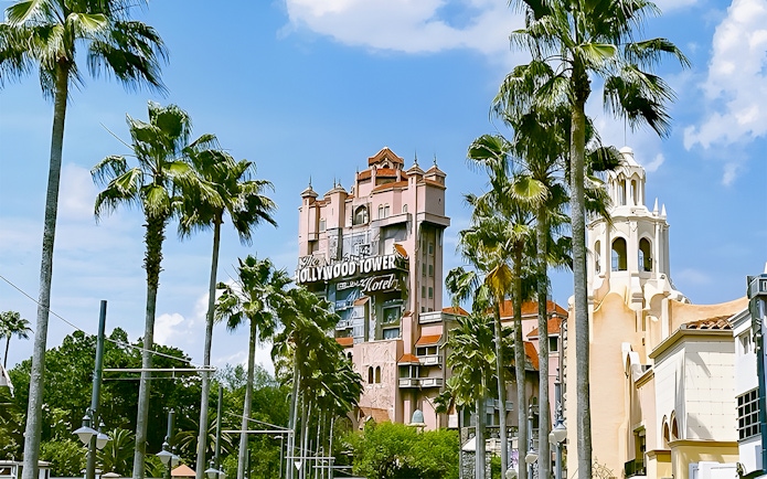 Hollywood Tower at Disney's Hollywood Studios, Walt Disney World, Orlando, surrounded by palm trees.