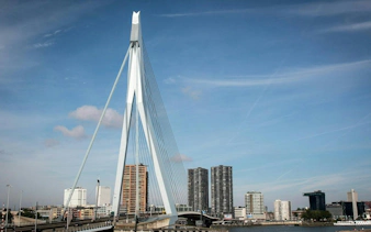 Erasmus Bridge in Rotterdam with city skyline in the background.