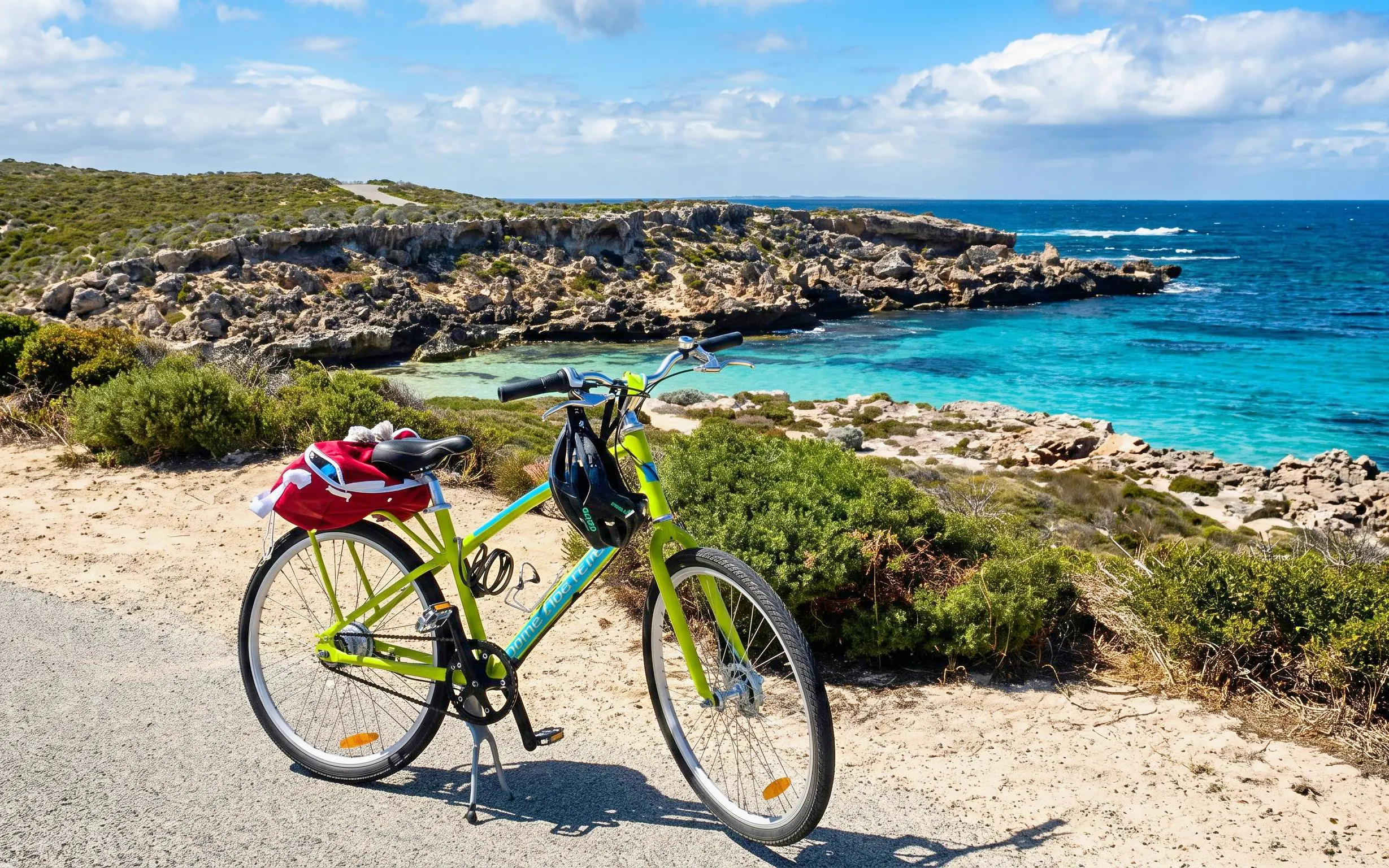 Bicycle parked by the turquoise waters and rocky coastline of Rottnest Island.