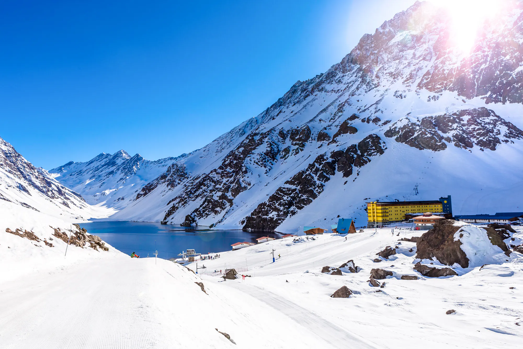 Portillo ski resort and Laguna del Inca with snow-covered Andes mountains, Santiago.