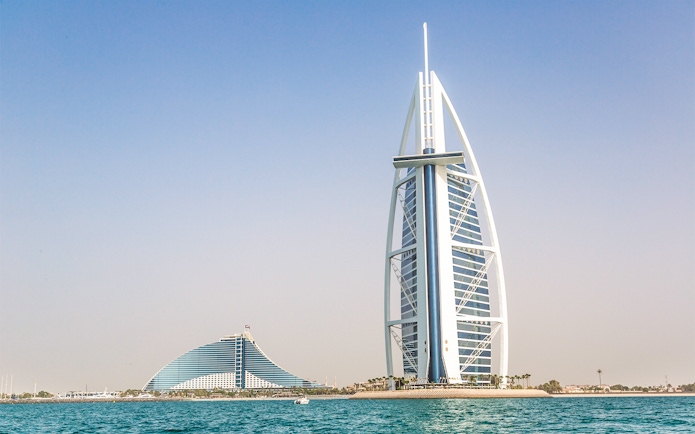 Burj Al Arab and Jumeirah Beach Hotel on Dubai sightseeing tour.